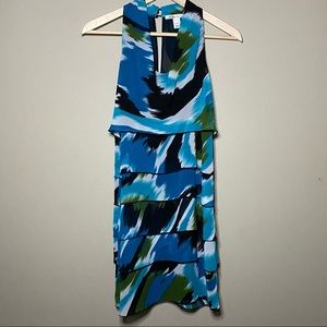 Kenneth Cole Dress Size 6 Blue Green Black Sleeveless Tiered Layered Cowl Neck